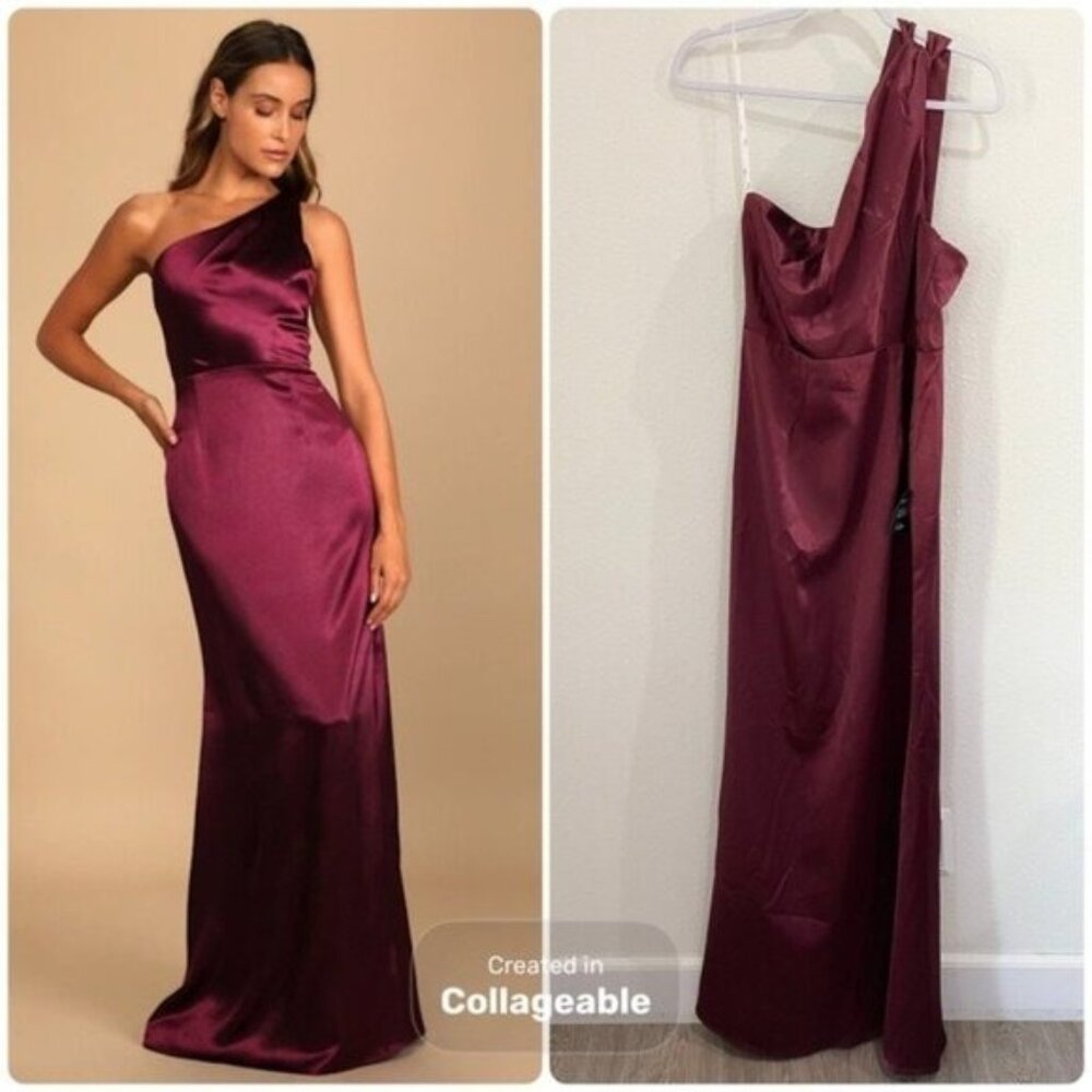 Lulu's One-Shoulder Satin Burgundy Maxi Dress Guest List Party Feminine Dark